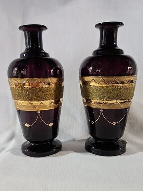 VTG Hand Blown Italian Amethyst Glass Bottle Vases Pair, Purple Gold Mid Century